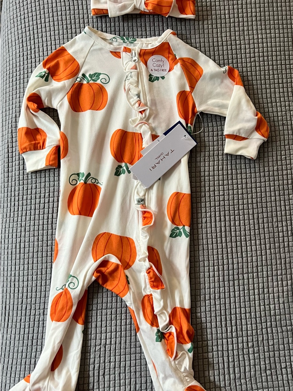 Pumpkin Print Ruffle One-Piece Romper and bow